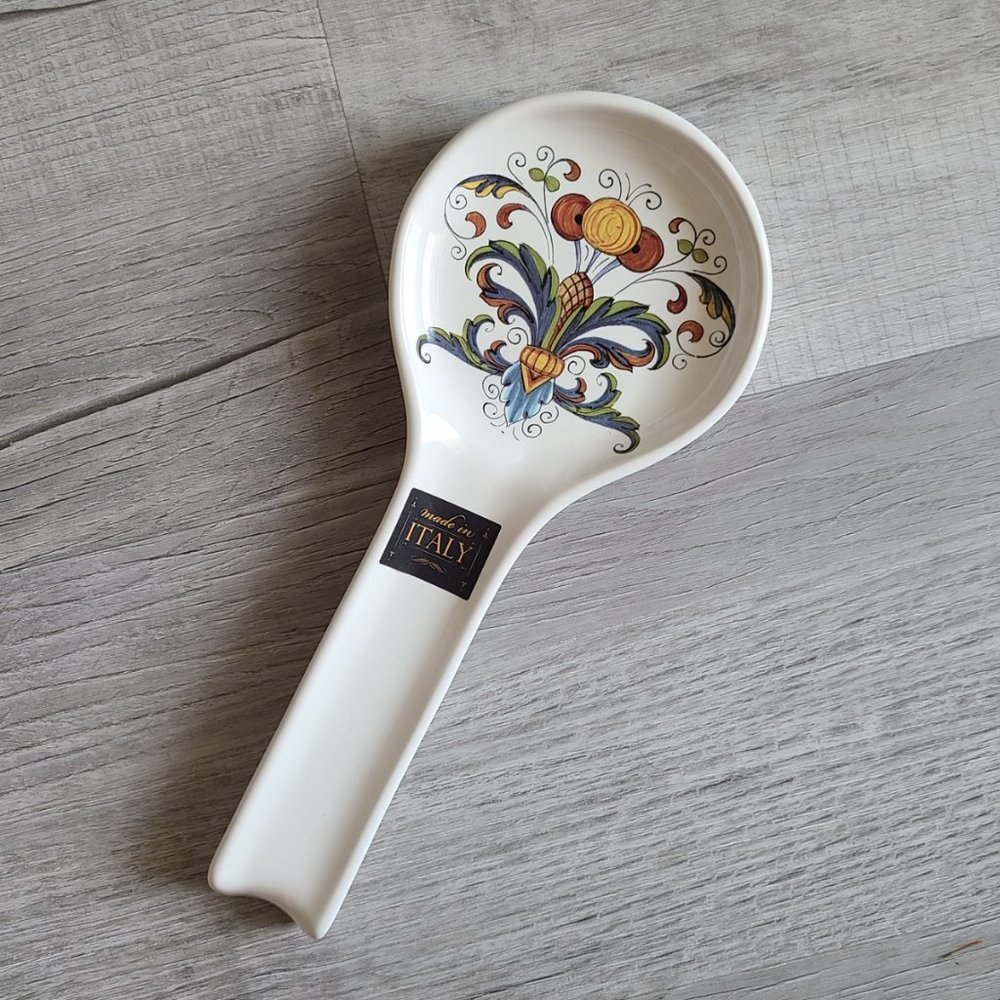 Made In Italy Ceramic Spoon Rest, Fancy Flourish, Green, Brown, Yellow, Blue
